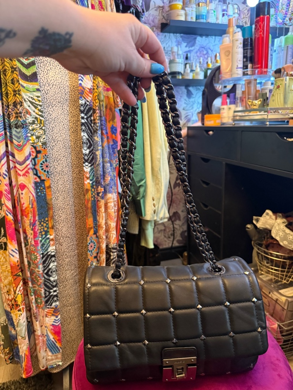 Aldo Black Quilted Studded Chain Shoulder Bag - Picture 4 of 10